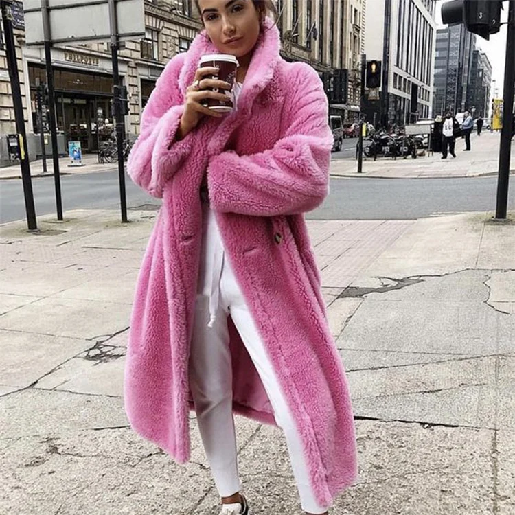 

Pink Long Teddy Bear Jacket Coat Women Winter 2021 Thick Warm Oversized Overcoat Women Faux Fur Coats, As picture show