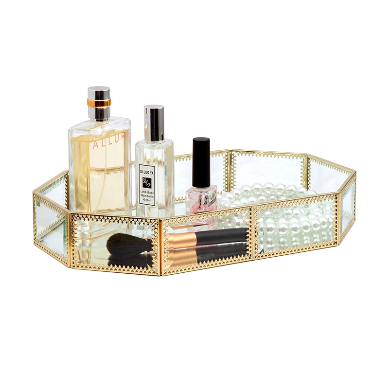 

Toughened Glass and Golden Electroplating Makeup Cosmetic Organizer Tray, Gold