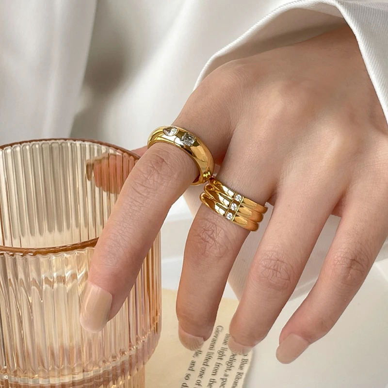 

Wholesale Minimalist Non Tarnish Free Waterproof Jewelry 18K Gold Plated Stainless Steel Square Water Drop CZ Zircon Ring, As picture