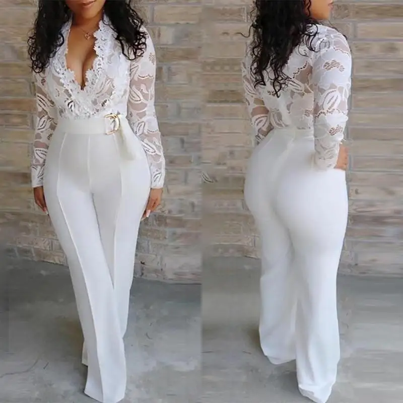 

Women's trousers pants one piece jumpsuits spring summer European and American lace white rompers jumpsuit plus size pants, Customized color