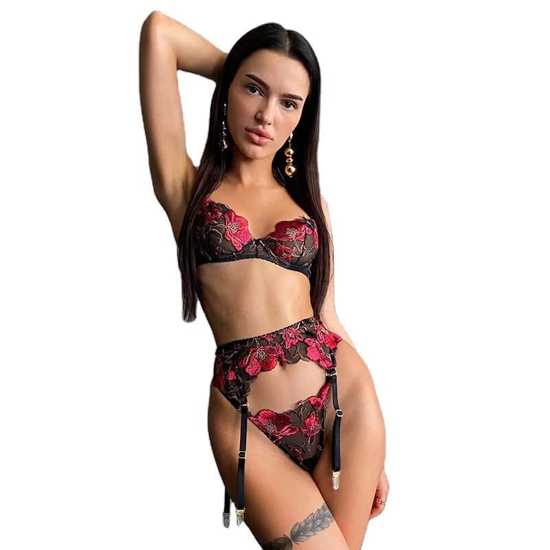 

Christmas 2021 women's new sexy lingerie Embroidered Flower Garter three piece body shaping underwear set lingerie, Same as photo