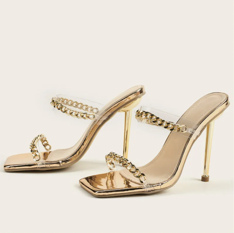 

2021 New Sandalias Chain Clear Trendy Para Mujer Slipper Mules Gold Heels for Women