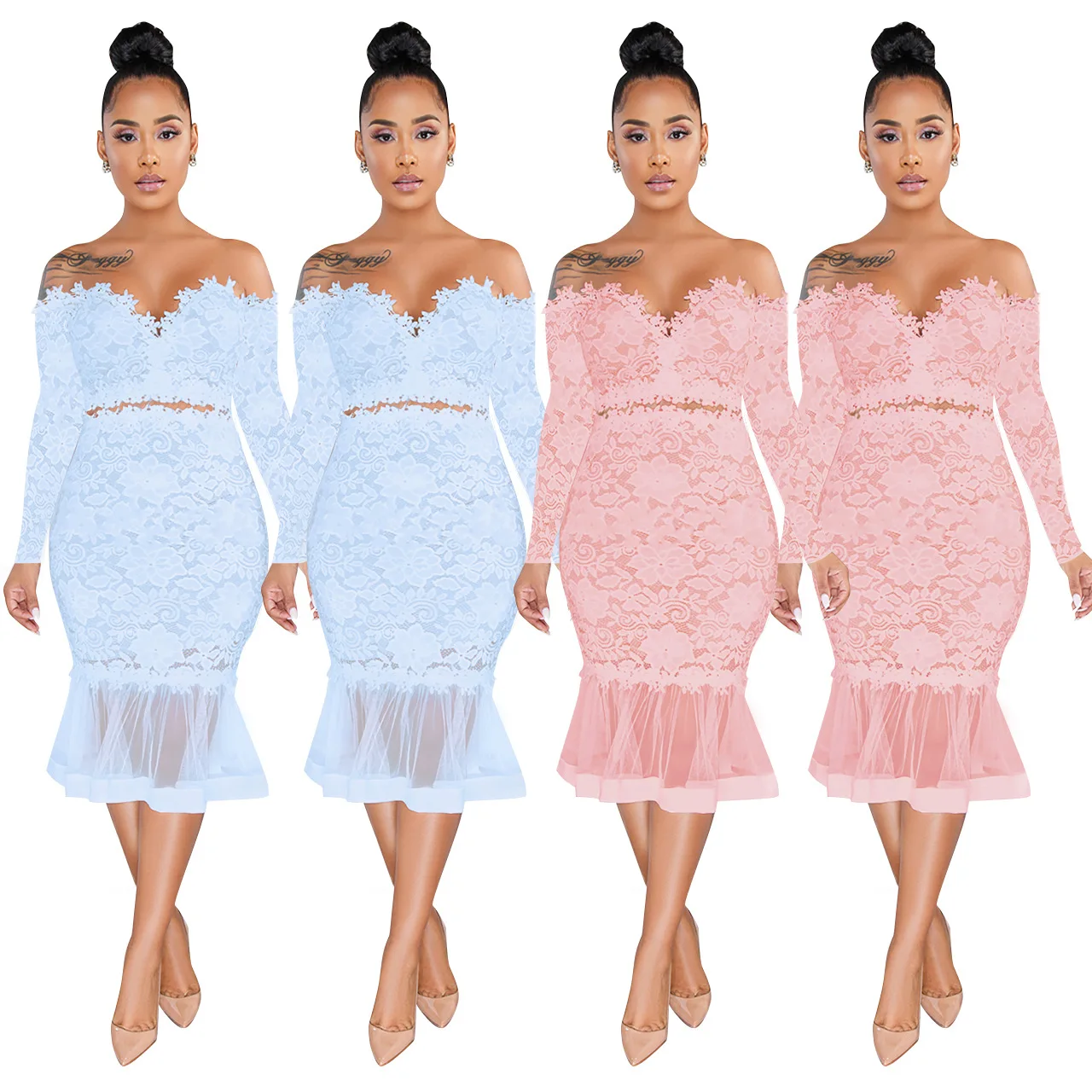 

Trendy Women Clothing Off Shoulder Evening Dresses See Through Lace Fishtail Dress Dresses Women Elegant