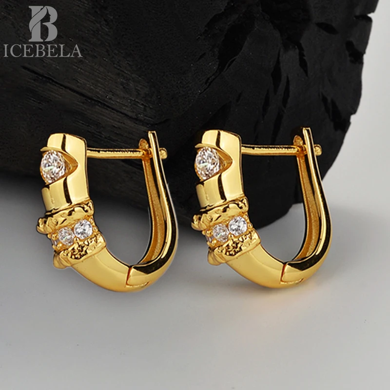 

Icebela Gold Plated High Quality Cubic Zirconia Dainty U Shape Diamond Woman Hoop Earrings 18k Gold 925 Silver