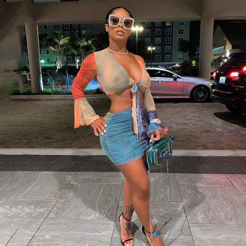 

Women new fashion long sleeve crop top with mesh print sexy 2 piece skirt set