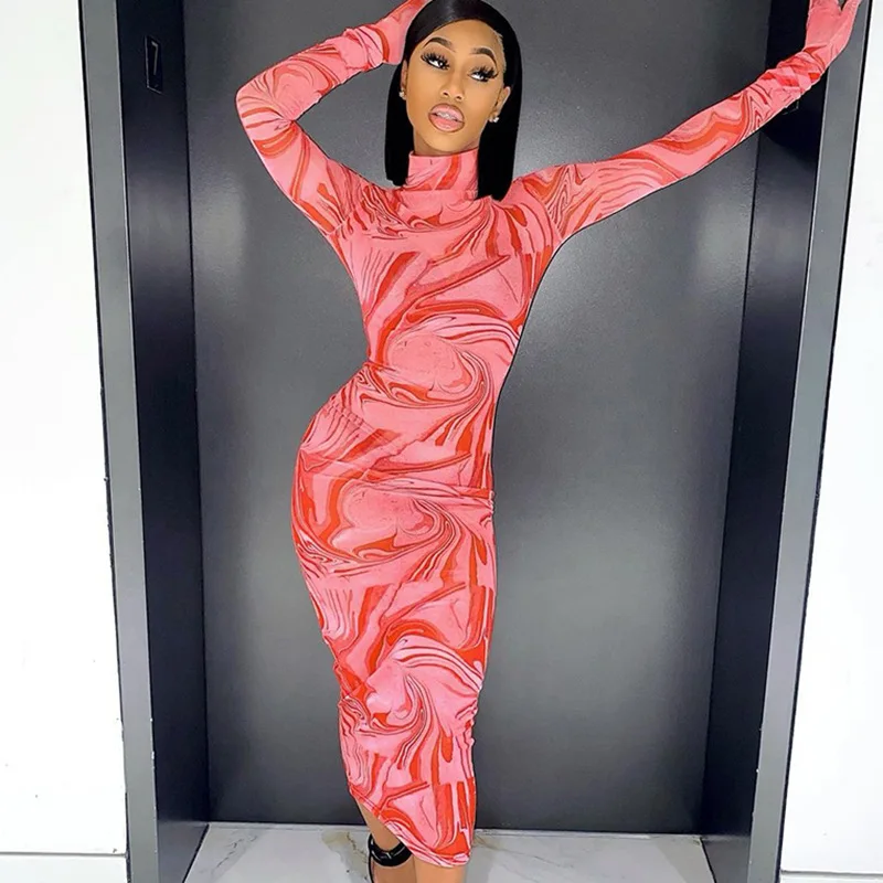 

Chic Summer TurtleNeck Knitted Maxi Dresses Women Party Club Long Sleeves Wrap Bodycon Striped Fashion Vestidos 2021