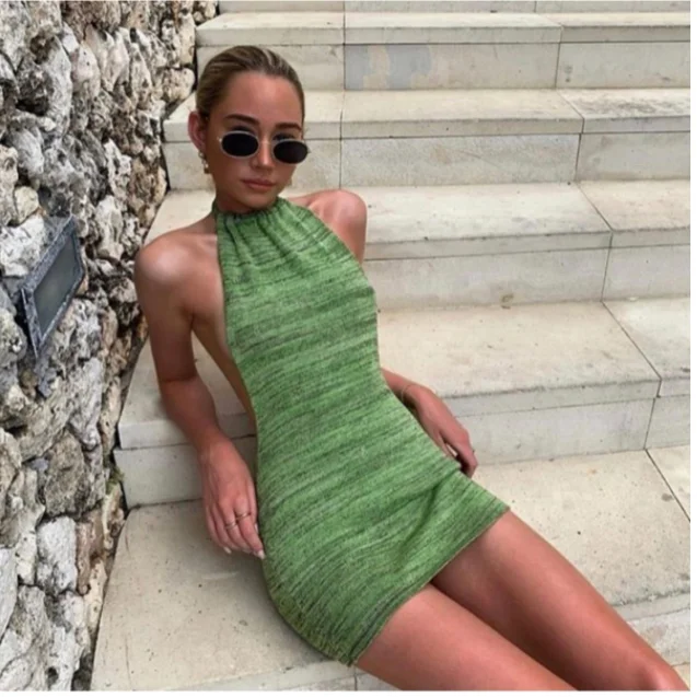 

2021 Halter Stylish Ladies Sexy Backless Bodycon Elegant Skinny Party Sleeveless Women's Summer Knitted Dress
