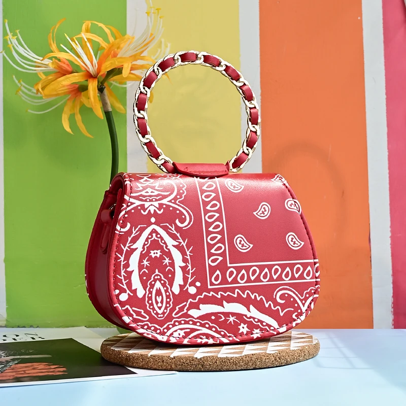 

New Arrival Ladies Small Shoulder Round Hand Bags Unique Red Bandana Print PU Leather Purses And Handbags For Women, 8 colors