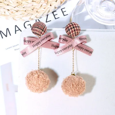 

Winter Cute Style Jewelry Pink Long Fluffy Pompom Earrings Bow Fur Ball Drop Earrings