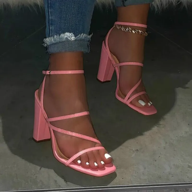 

New High Heel Women Party Wedding Shoes Back Strap Solid Pink Sexy Thin Belt Female Sandals PU Leather, As pictures
