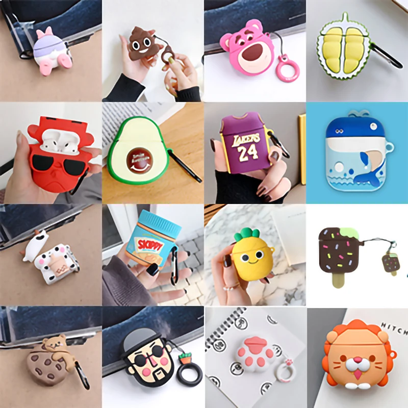 

Cute 3d Cartoon Pattern Designer Silicone Case With Hook Keychain Protective Cover Earphone Case For Airpods 1 2 Pro, Multi colors