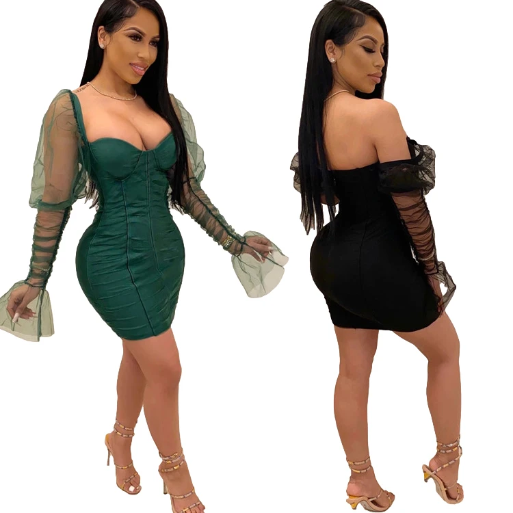 

women sexy mesh puff long sleeve bodycon mini evening dresses