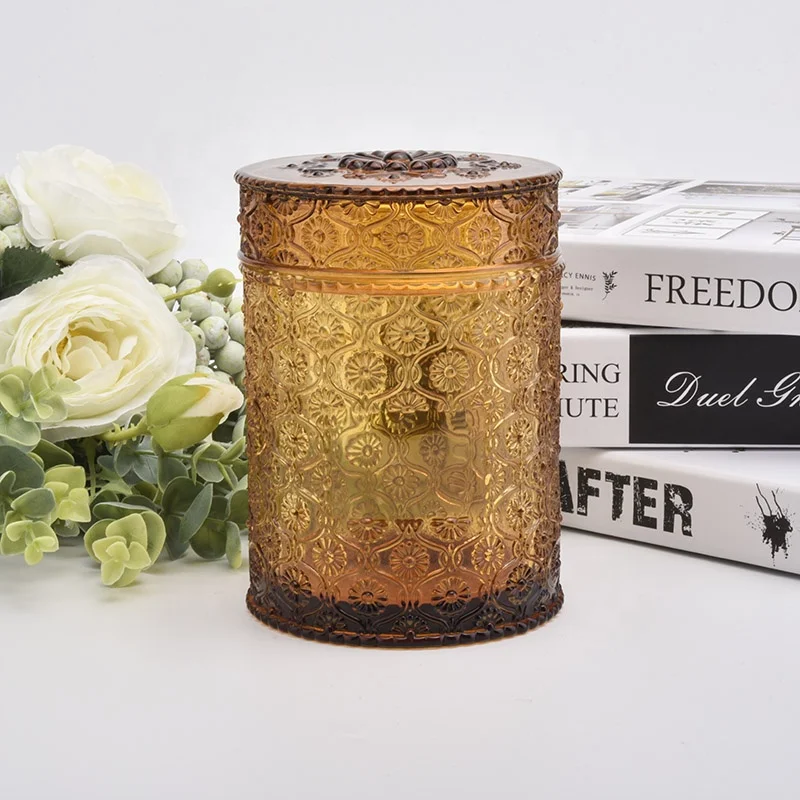 Brown customized Glass Candle Holder with lid for home decoration