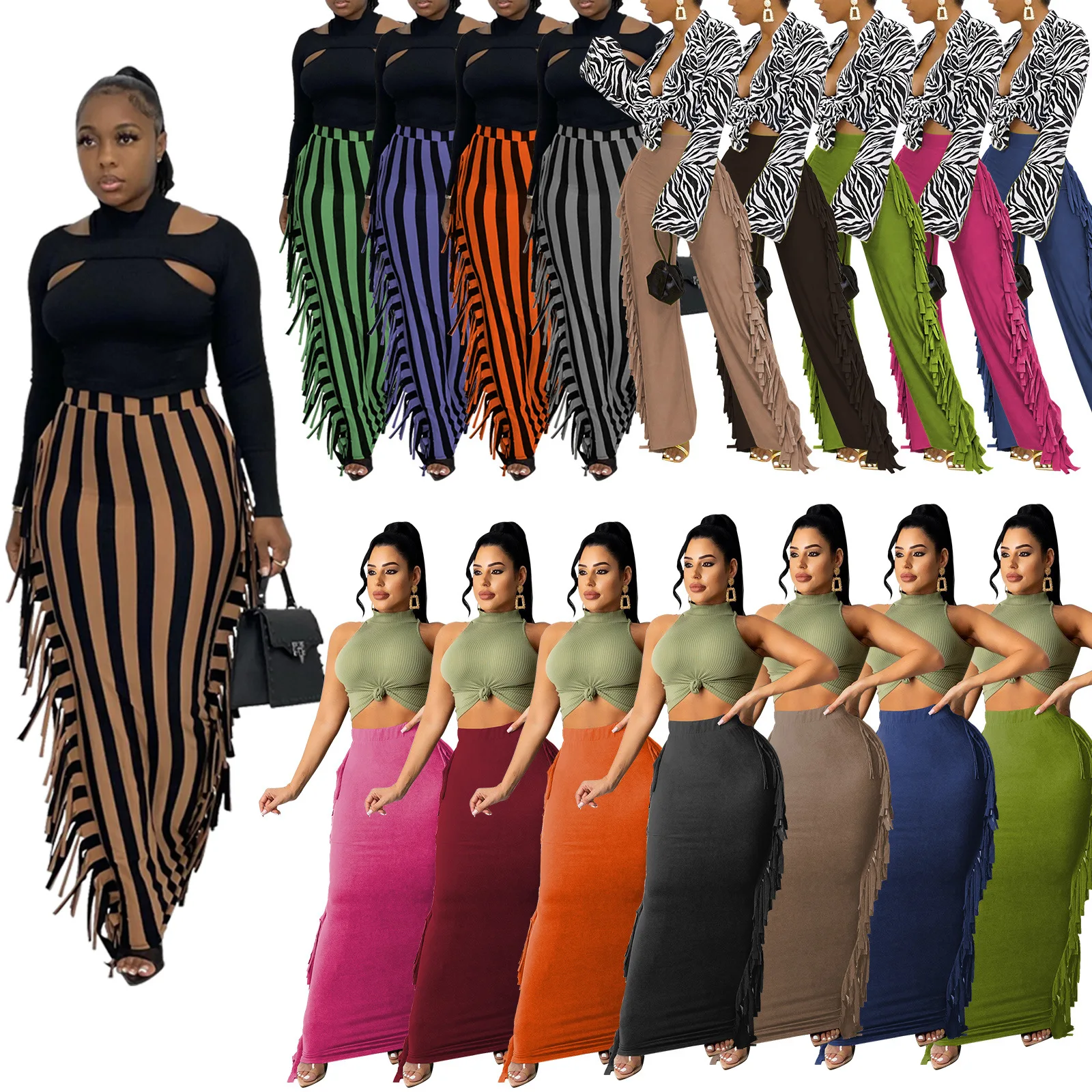 

2021 Trendy Clothing Chic Design Elegant Career Dresses Women 7 Color Maxi Skirt With Tassels Vintage Pencil Skirt