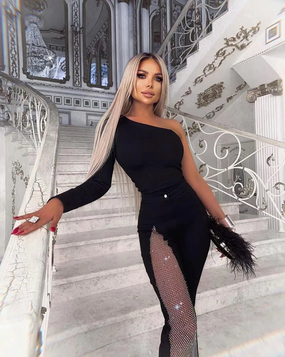 

Elegant Black One Shoulder Long Sleeve Jumpsuit Mesh Crystal Party Bandage Jumpsuits for Women, As picture