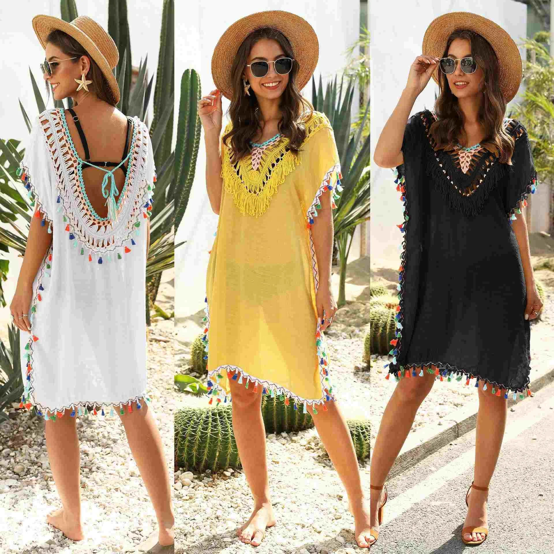 

Women Sexy Crochet Backless Cover Up Swimwear Dresses, Black/white/yellow