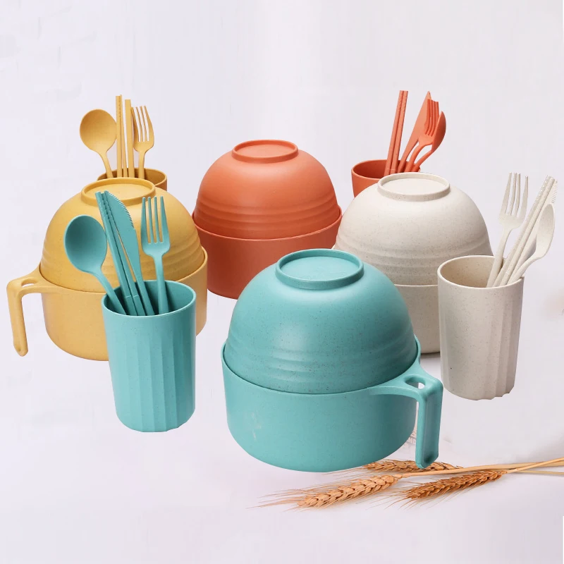

New Wheat Straw Dinnerware Set Instant Noodle Rice Soup Bowl Set cup knife fork spoon & chopsticks 7pcs With Lid Wheat Straw Set, Yellow/orange/beige/dark green