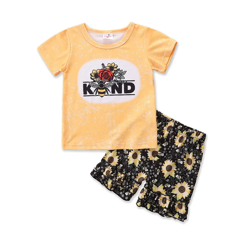

Nian OEM Ropa de mujer New Arrival Aummer Letter Shirt Sunflower Falbala Girls Clothes, Yellow/black