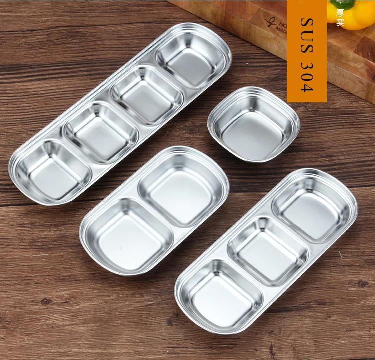 

1PC Side Plates Stainless Steel Assorted Salad Sauce Dipping Dish Tray Bowl Kitchen Tableware Specialty Plate 1/2/3/4 Grids, Gold, silver