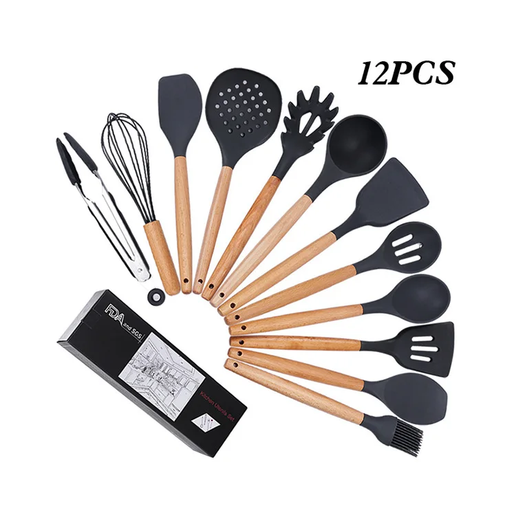 

Amazon hot sales 12 pcs wood kitchen cookware utensil set