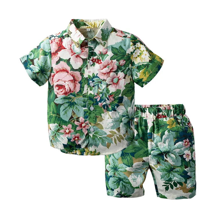 

Summer boy outfits cotton short sleeve flower kid boys clothing set boys holiday clothes