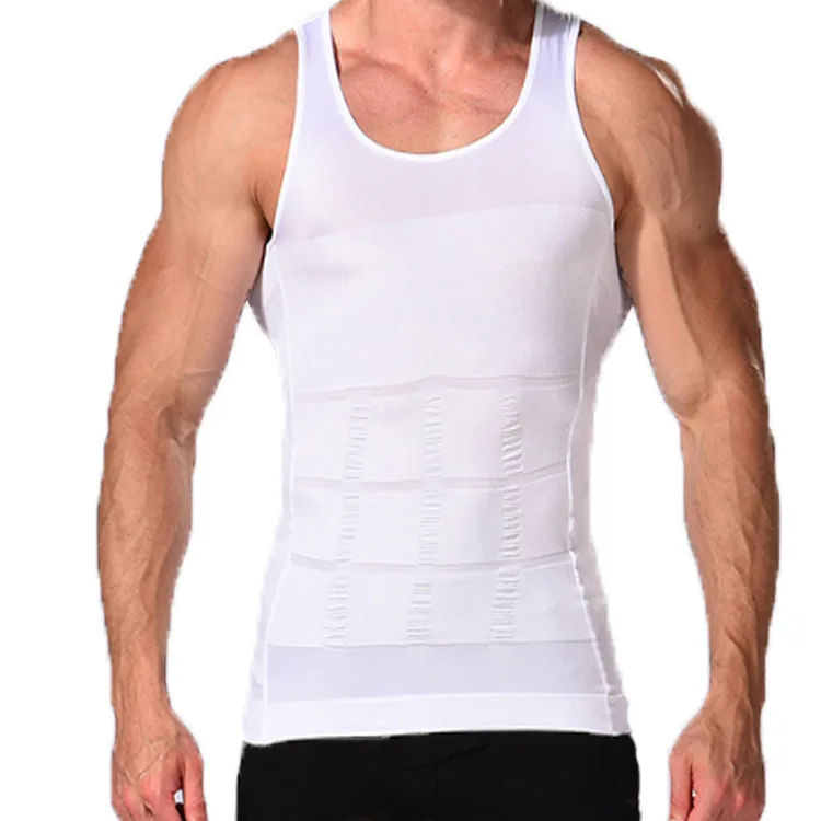 

Men's T-shirt quick drying sports sleeveless fitness body shaper vest, White/black