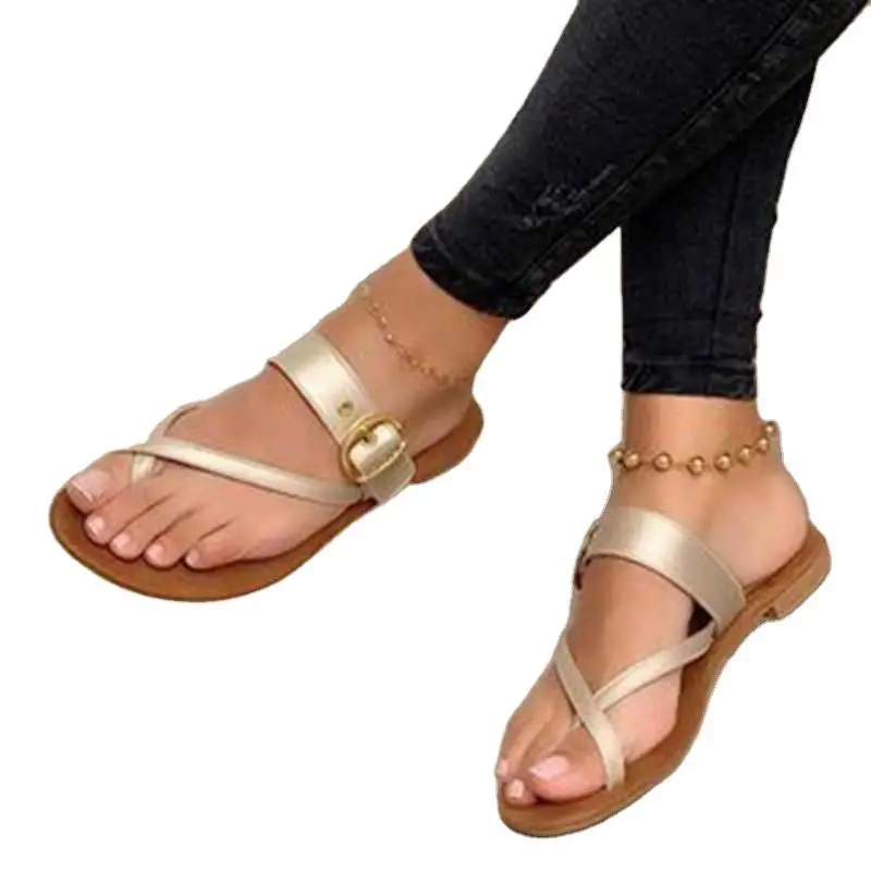 

Amazon AliExpress Hot Selling Women's Sandals Plus Size Solid Color Flat Finger Belt Buckle One Type Womens Sandals Flat Casual