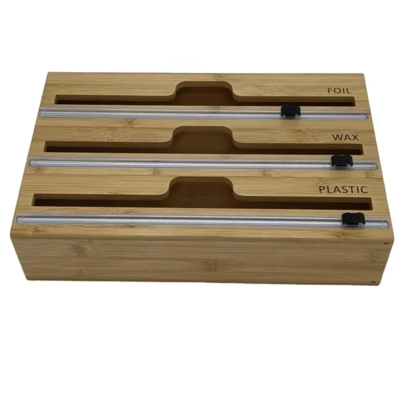

3-in-1 Storage Dispenser for Aluminum Foil & Cling Film & Parchment Paper Bamboo Plastic Wrap Dispenser with Slide Cutter, Bamboo color
