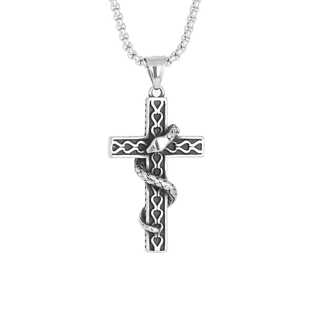 

Hot Selling Vintage Stainless Steel Religious Snake Winding Cross Pendant Pingente