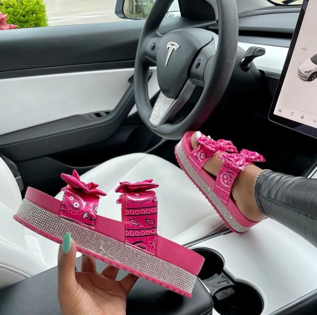 

Diamond lady slippers printed bow sandals with thick summer soles woman's sandal