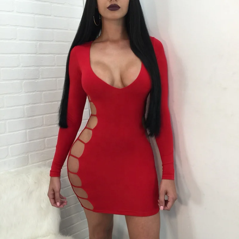 

Nightclub hollow out sexy dress Solid color slim skirt covering hips woman Deep V dress