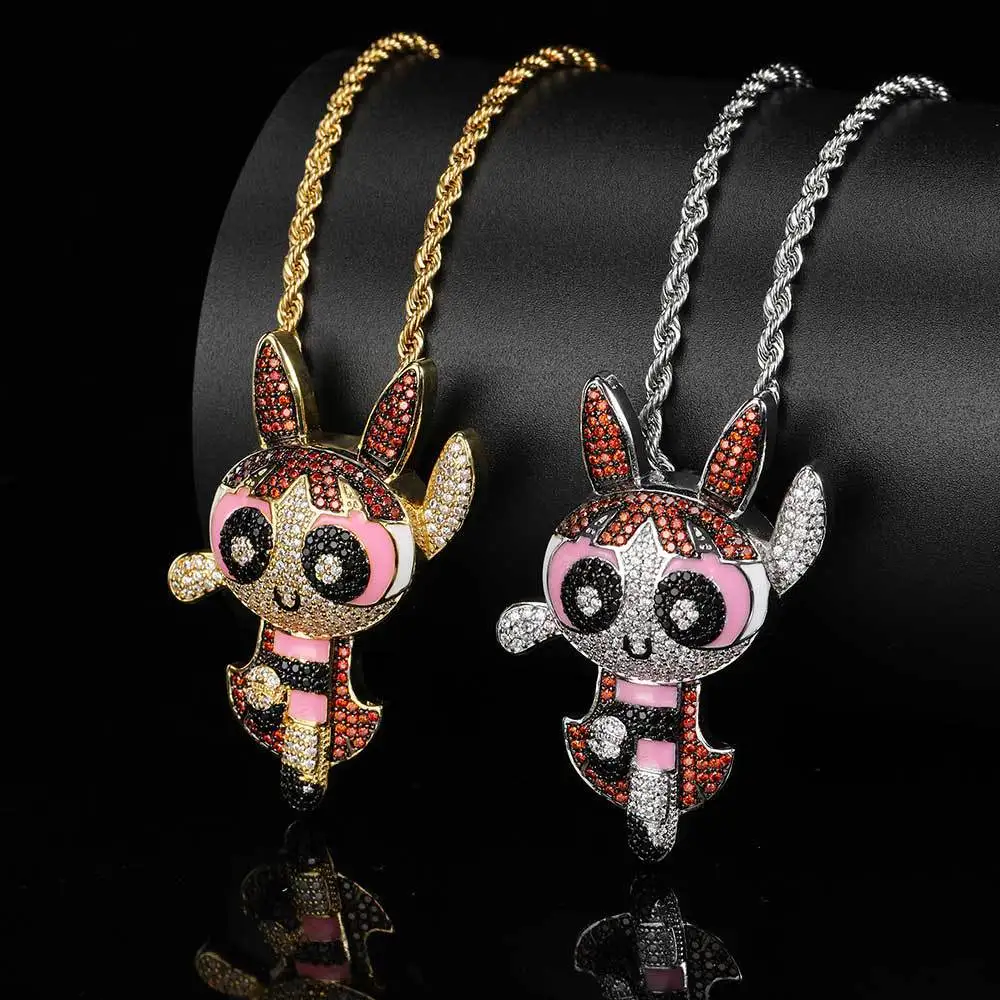 

N3018 Bling Iced Out Cartoon Powerpuff Girls Pendants Micro Paved Zircon Necklace For Men Women Fashion Hip Hop Jewelry Gifts, Silver color