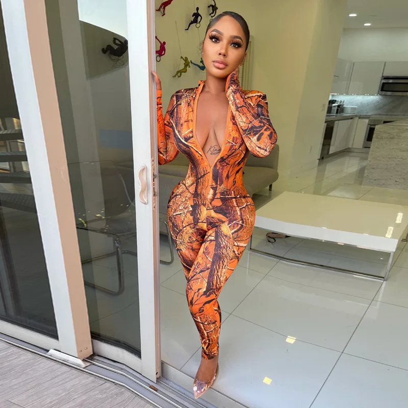 

L3337 -- Fashion Bandage Long Sleeve Zipper Printed Women Jumpsuits
