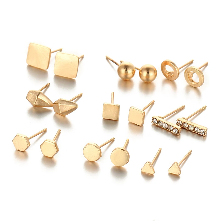 

Charare 9 pairs Simple and personalized metal gold-plated geometric alloy stud earrings set for women