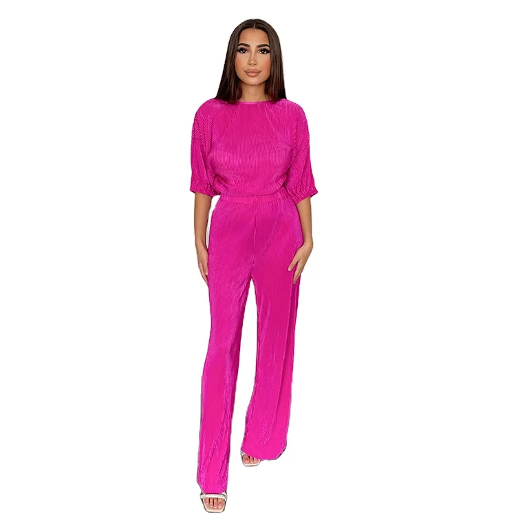 

50%OFF New pleated round neck elastic short-sleeved T-shirt loose solid color trousers two-piece suit