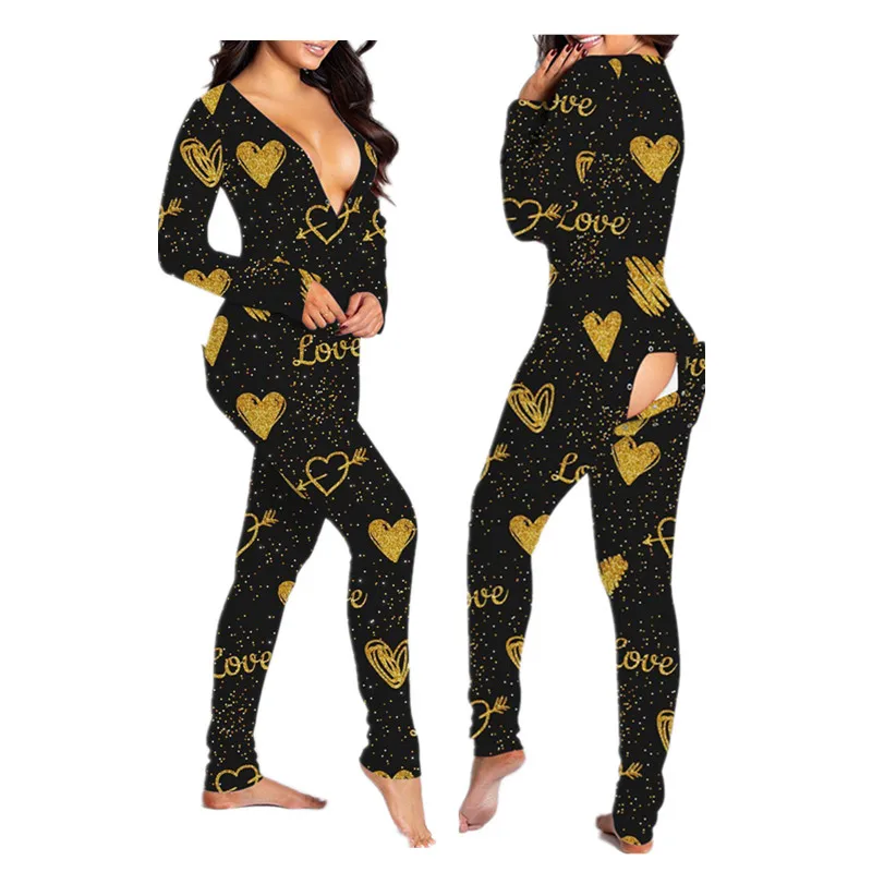 

Wholesale Long Sleeves Jumpsuit Pajama Onsie Adult heart Womens Butt Flap Valentines day Onesie With butt flap for women, Black
