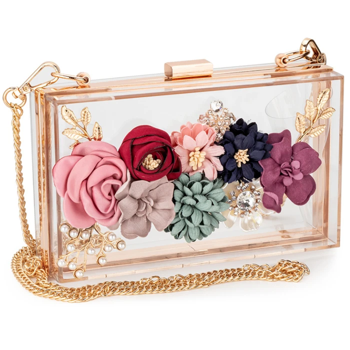 

2020 Summer elegant transparent clutches wedding evening bag ladies fashion acrylic flower box purse handbags, Black, clear, white, pink,