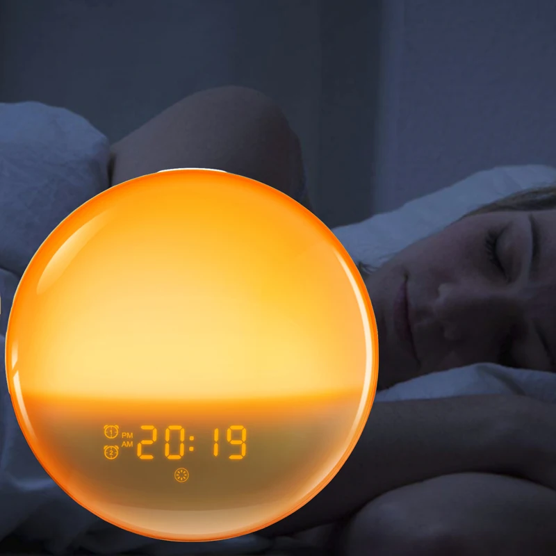 

portable wifi app bluetooth speaker sleep and improve mood sunrise smart alarm clock wake up light for kids, White body and rgb color light color temperature adjustment