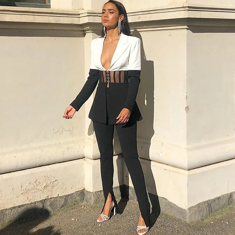 

2021 new woman casual long sleeve mujer ladies blazer EDOSIR designs plaid coat V neck seethrough corset blazer sets