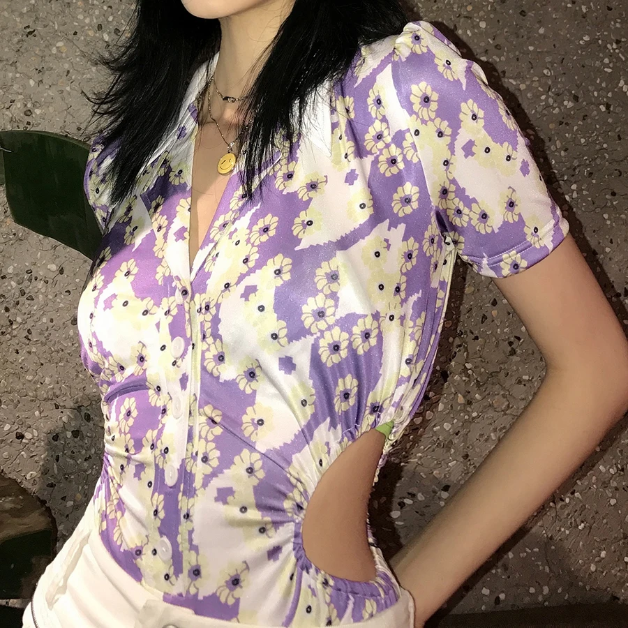 

Nibber K21K00202 Factory Customized Wholesale Women Sexy Sling Bodycon Skinny Bodysuit Hollow Printing Floral Partten Female Top