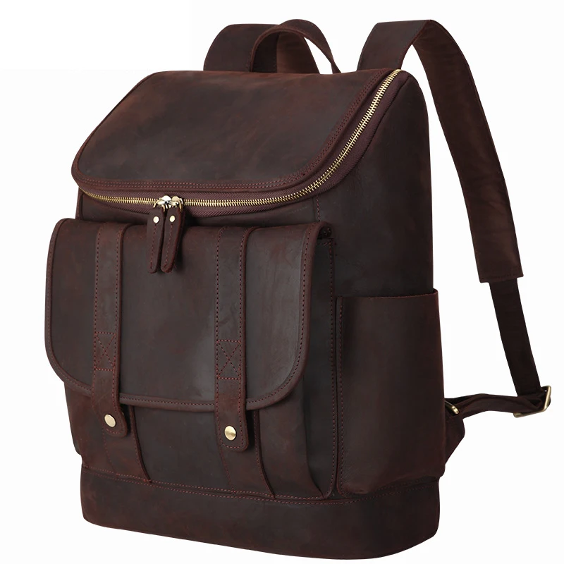 

Dropshipping Dark Brown Retro Genuine Cow Leather Backpack Vintage Men Leisure Leather Travel Day Knapsack, Customized color