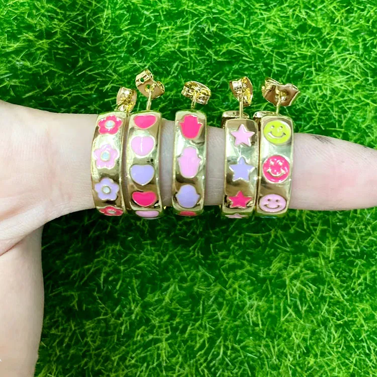 

EM1254 new release brass metal enamel colored Ear wear smile star love flower Hoops Earring gifts for women