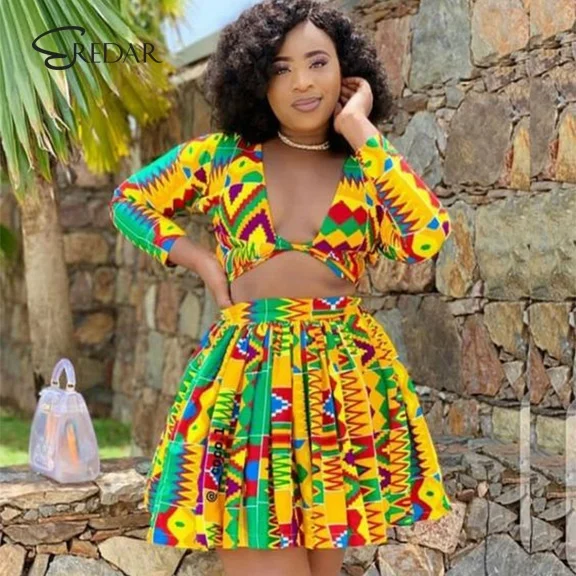 

Wholesales high quality African wax printing design women top with skirt two pieces set, As pictures& customized