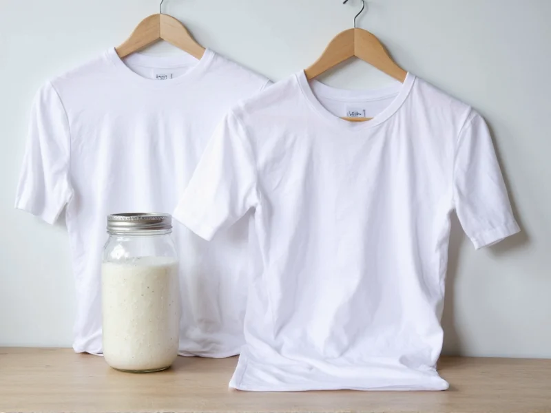 Two clean white t-shirts next to a mason jar of homemade detergent