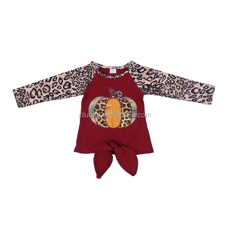 

Factory Price Kids Boutique Clothing Pumpkin Vinyl Long Sleeve Leopard Print Halloween Girl Knotted Shirts, Picture