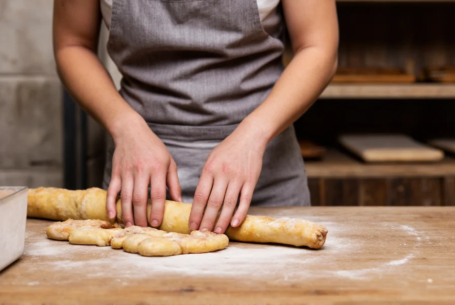 Artisan baker hand-rolling cinnamon dough in rustic bakery setting