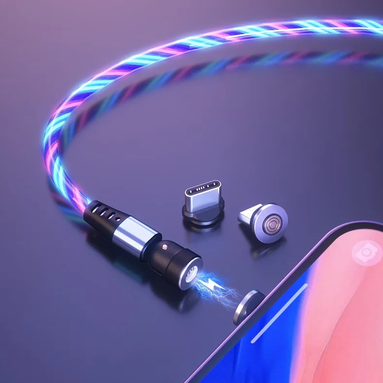

New Luminous Design 2M mobile phone charging cable 3 in 1 magnetic USB Data Transfer Cable, Blue/green/red/colorful
