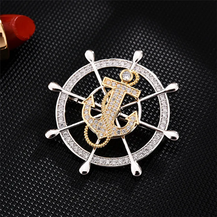 

Rotatable zircon badge high-end men's brooch suit accessories navy fashion anchor ship rudder corsage, Picture