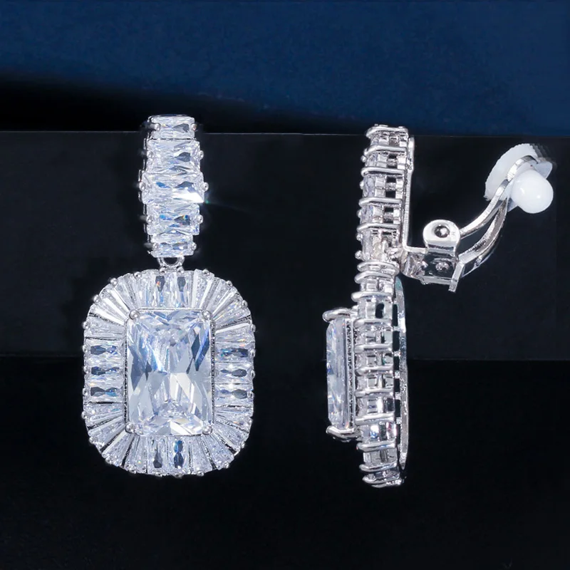Non Pierced Ear Gorgeous Top Cubic Zirconia Crystal Women Wedding Evening Party Clip on Long Earrings Without Piercing