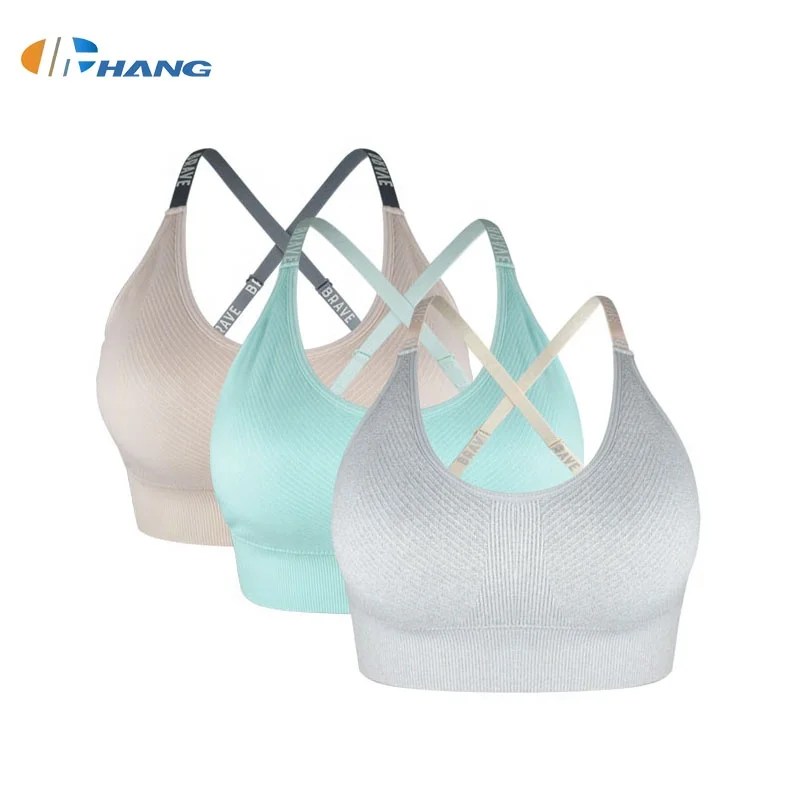 

Sexy women running yoga gym seamless sports bra crop top, Pink/gray/cyan